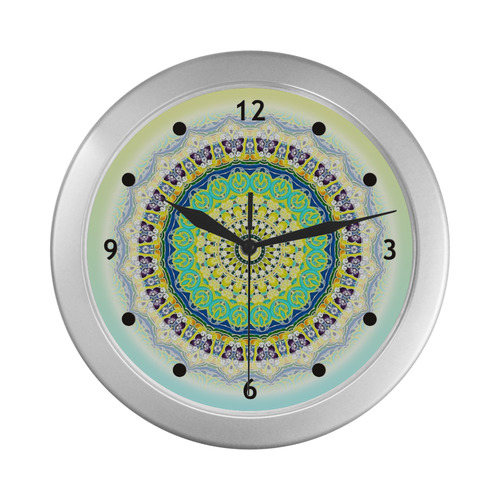 Power Mandala - Blue Green Yellow Lilac Silver Color Wall Clock