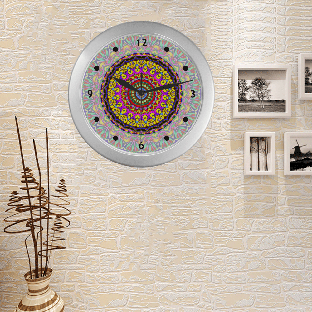 Oriental Watercolor Mandala multicolored h Silver Color Wall Clock