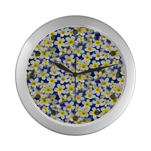 Summer Flowers Pattern White Blue Silver Color Wall Clock