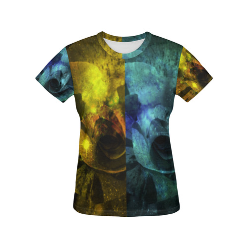 Yellow and Blue Sparkling Rose All Over Print T-Shirt for Women (USA Size) (Model T40)