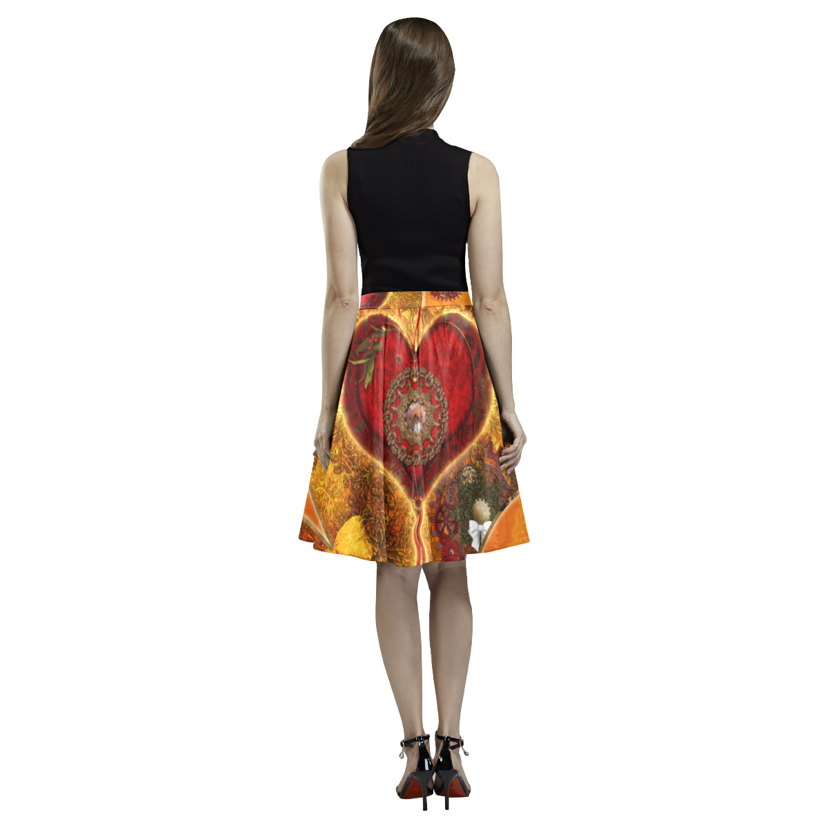 Steampunk decorative heart Melete Pleated Midi Skirt (Model D15)