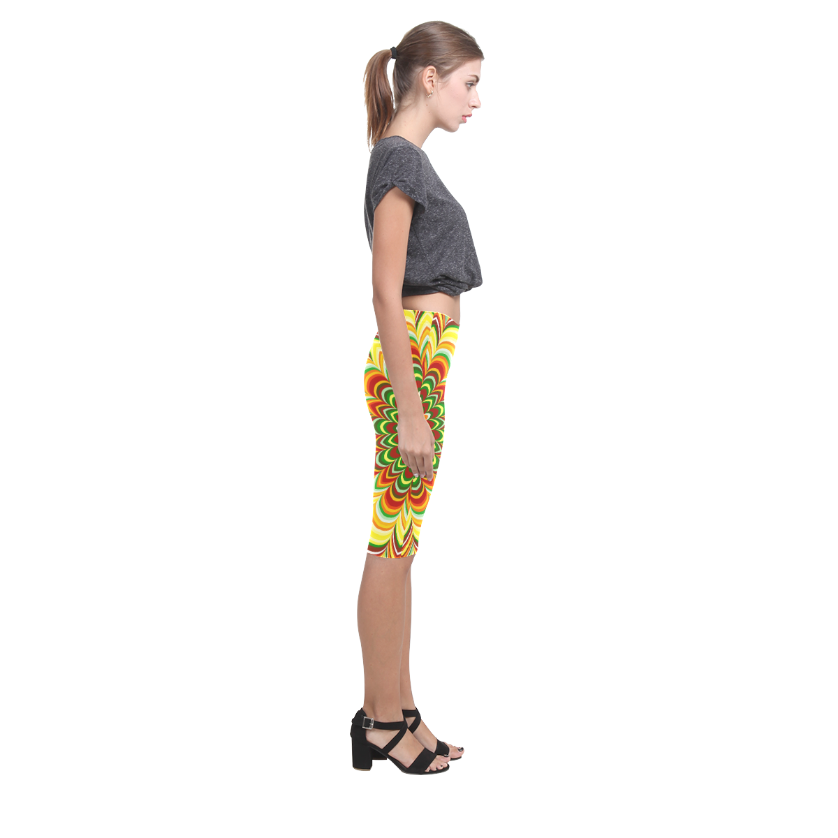 Colorful flower striped mandala Hestia Cropped Leggings (Model L03)