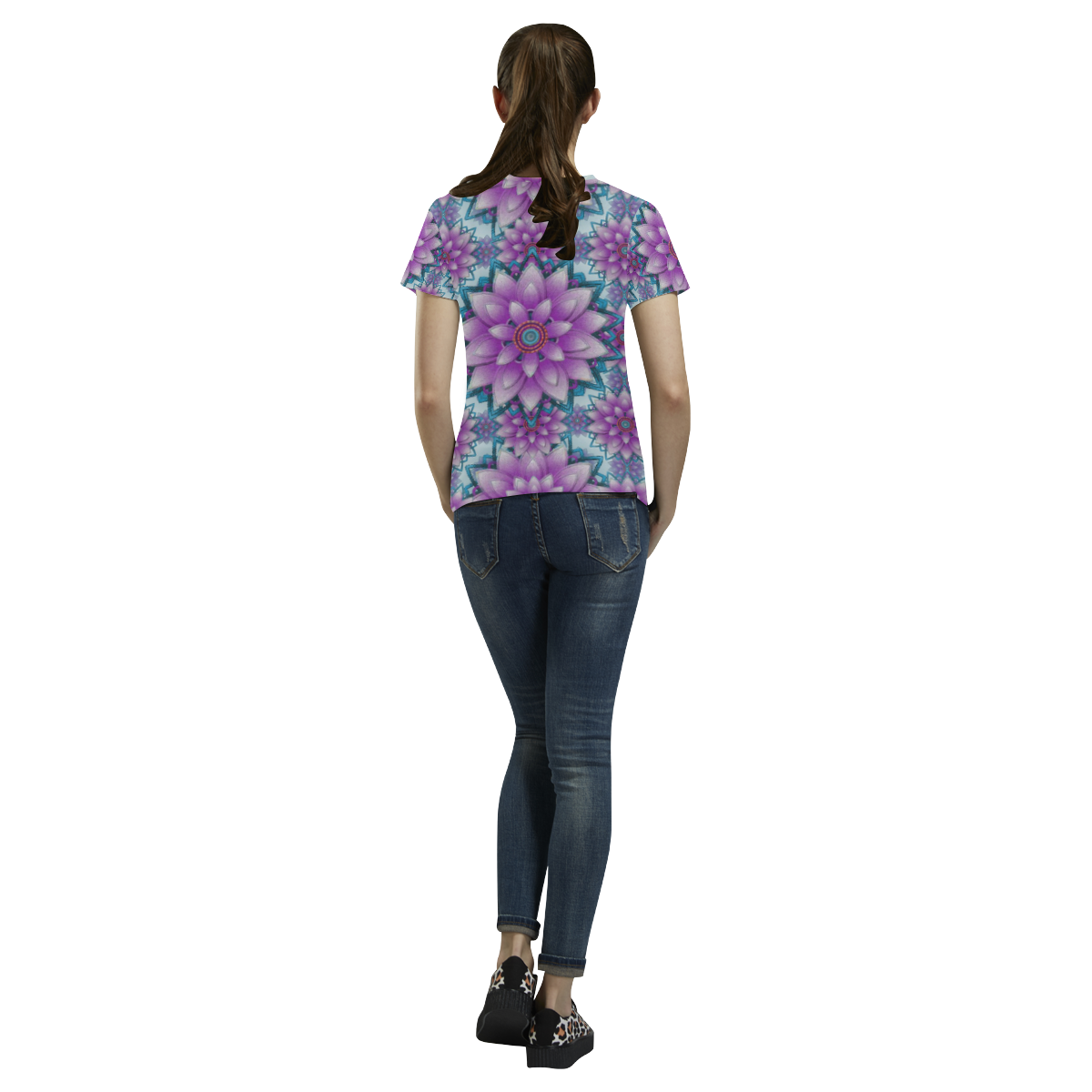 Lotus Flower Pattern - Purple and turquoise All Over Print T-Shirt for Women (USA Size) (Model T40)