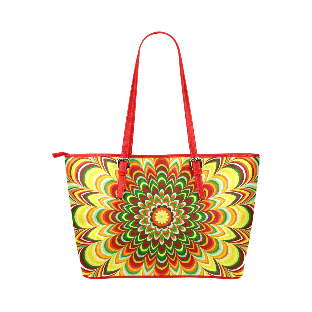 Colorful flower striped mandala Leather Tote Bag/Small (Model 1651)
