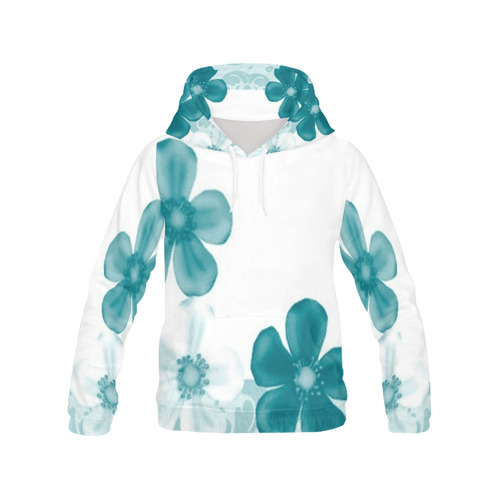 Retro 70s Flowers Turquoise All Over Print Hoodie for Women (USA Size) (Model H13)