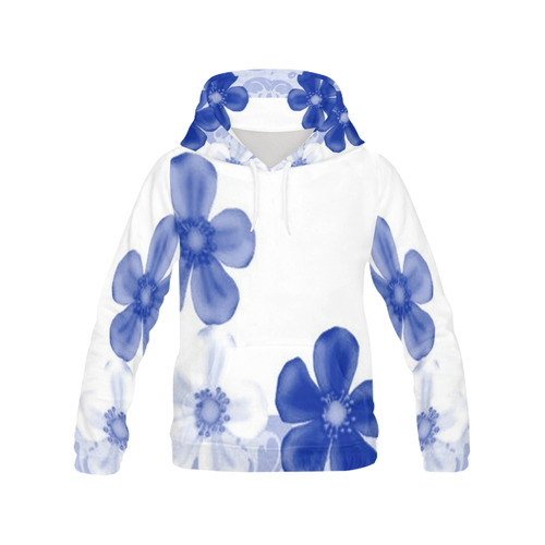 Retro 70s Flowers Sapphire Blue All Over Print Hoodie for Women (USA Size) (Model H13)