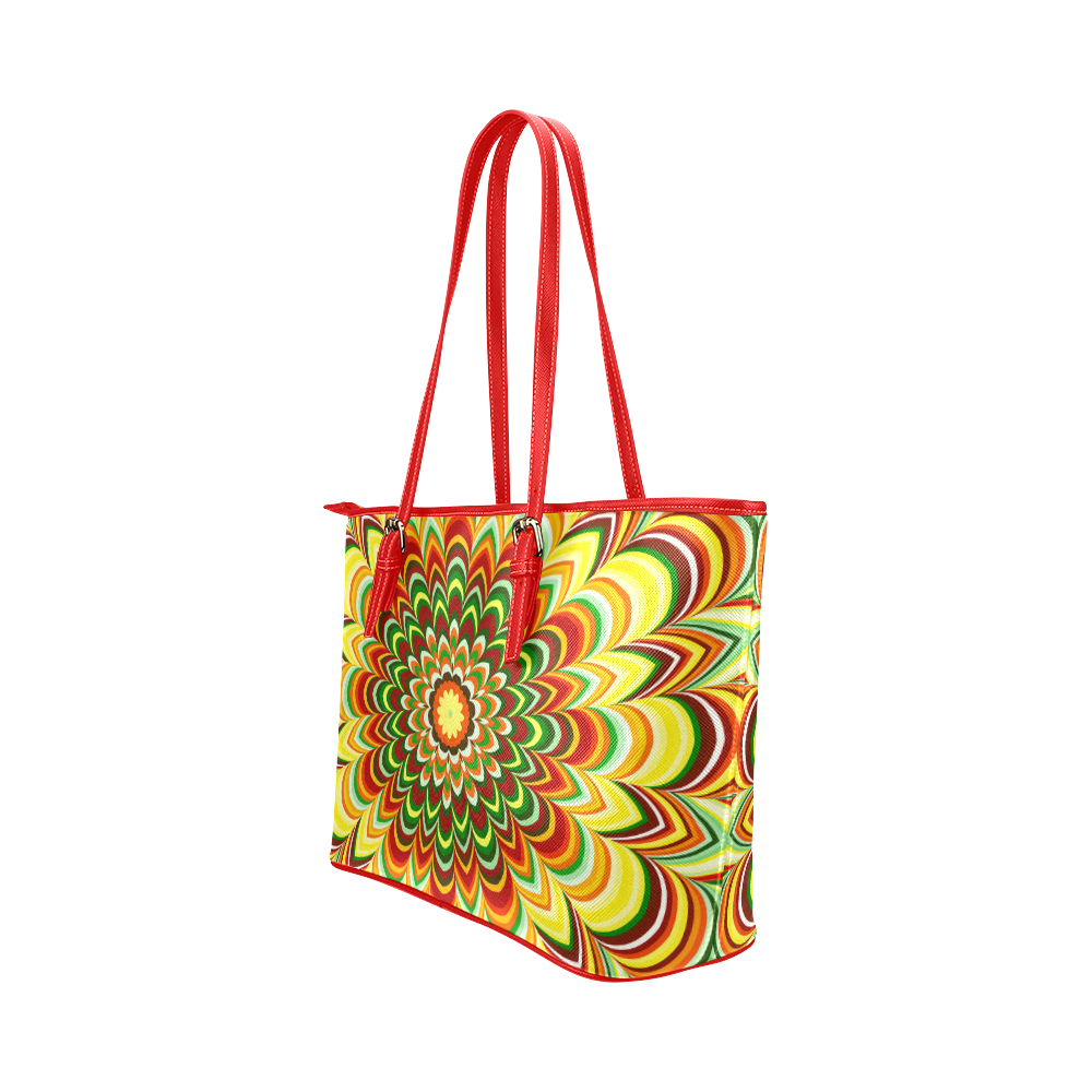 Colorful flower striped mandala Leather Tote Bag/Small (Model 1651)