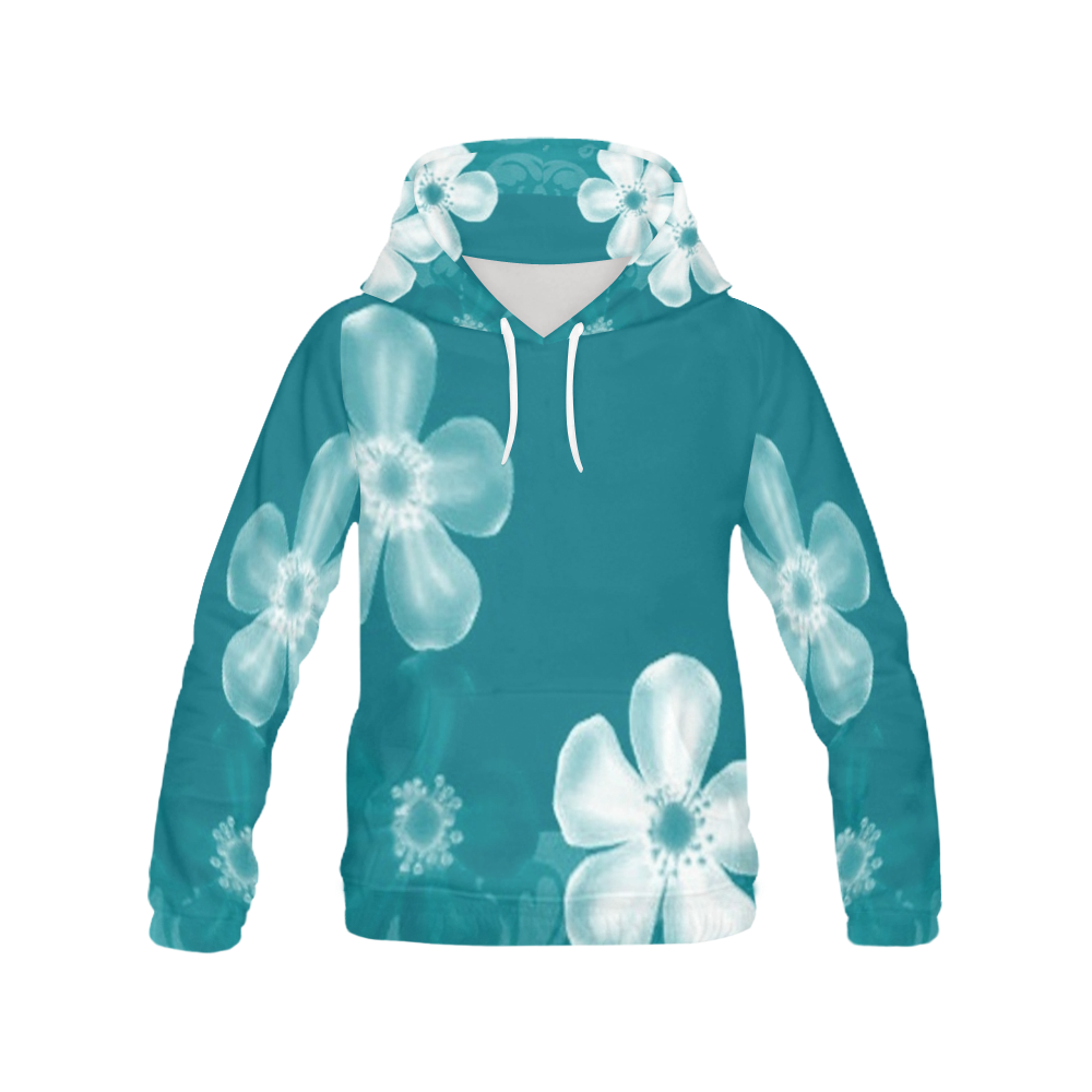 Retro 70s Flowers Turquoise All Over Print Hoodie for Women (USA Size) (Model H13)