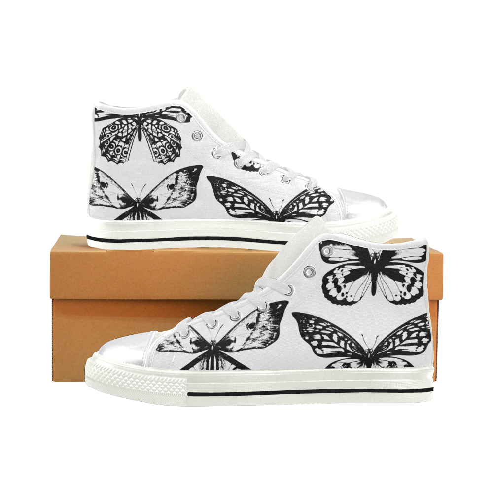 Kids designers shoes with Butterflies : black white High Top Canvas Shoes for Kid (Model 017)