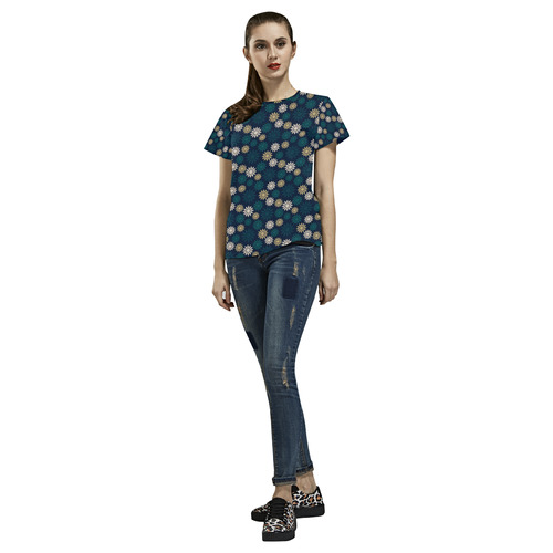 Blue Symbolic Camomiles Floral All Over Print T-Shirt for Women (USA Size) (Model T40)