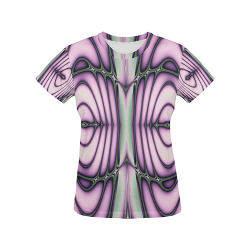Pink and Green Ripples Fractal Abstract All Over Print T-Shirt for Women (USA Size) (Model T40)