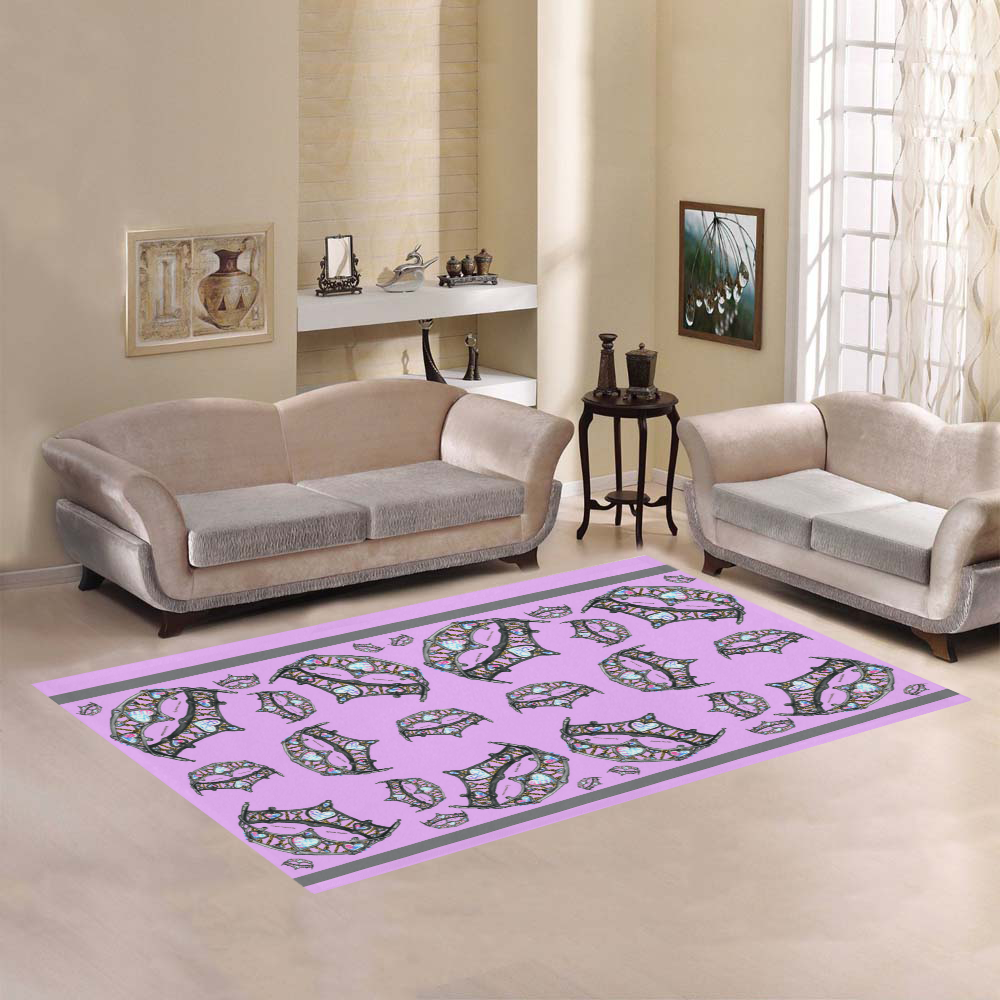 Queen of Hearts Silver Crown Tiara scattered pattern pink lilac rug Area Rug7'x5'