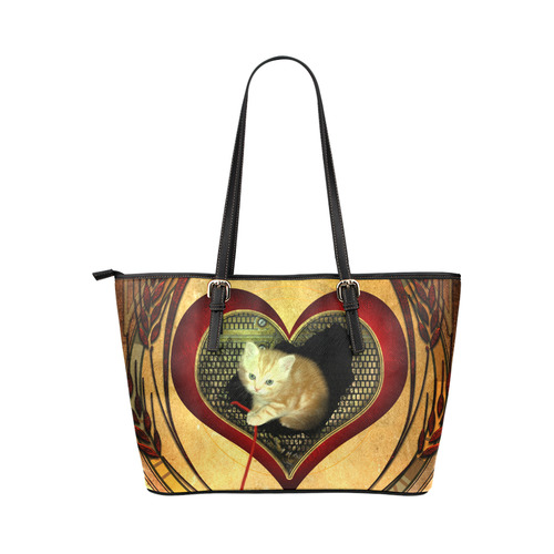 Cute kitten on a heart Leather Tote Bag/Large (Model 1651)