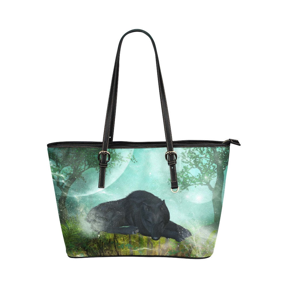 Sleeping wolf in the night Leather Tote Bag/Large (Model 1651)