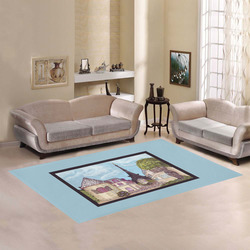 Paris Eiffel Tower inspired landscape painting light blue frame border rug Area Rug7'x5'