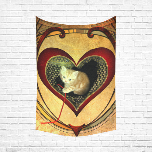 Cute kitten on a heart Cotton Linen Wall Tapestry 60"x 90"