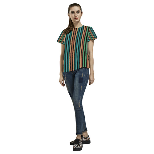 Fun pastel lines in green blue orange and red All Over Print T-Shirt for Women (USA Size) (Model T40)