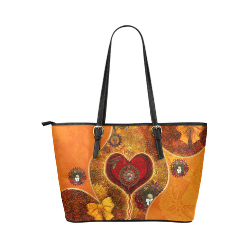 Steampunk decorative heart Leather Tote Bag/Large (Model 1651)