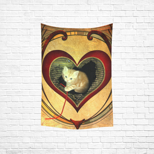 Cute kitten on a heart Cotton Linen Wall Tapestry 40"x 60"