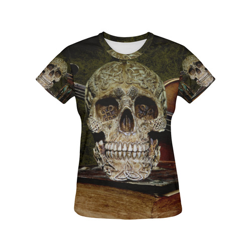 Funny Skull and Book All Over Print T-Shirt for Women (USA Size) (Model T40)