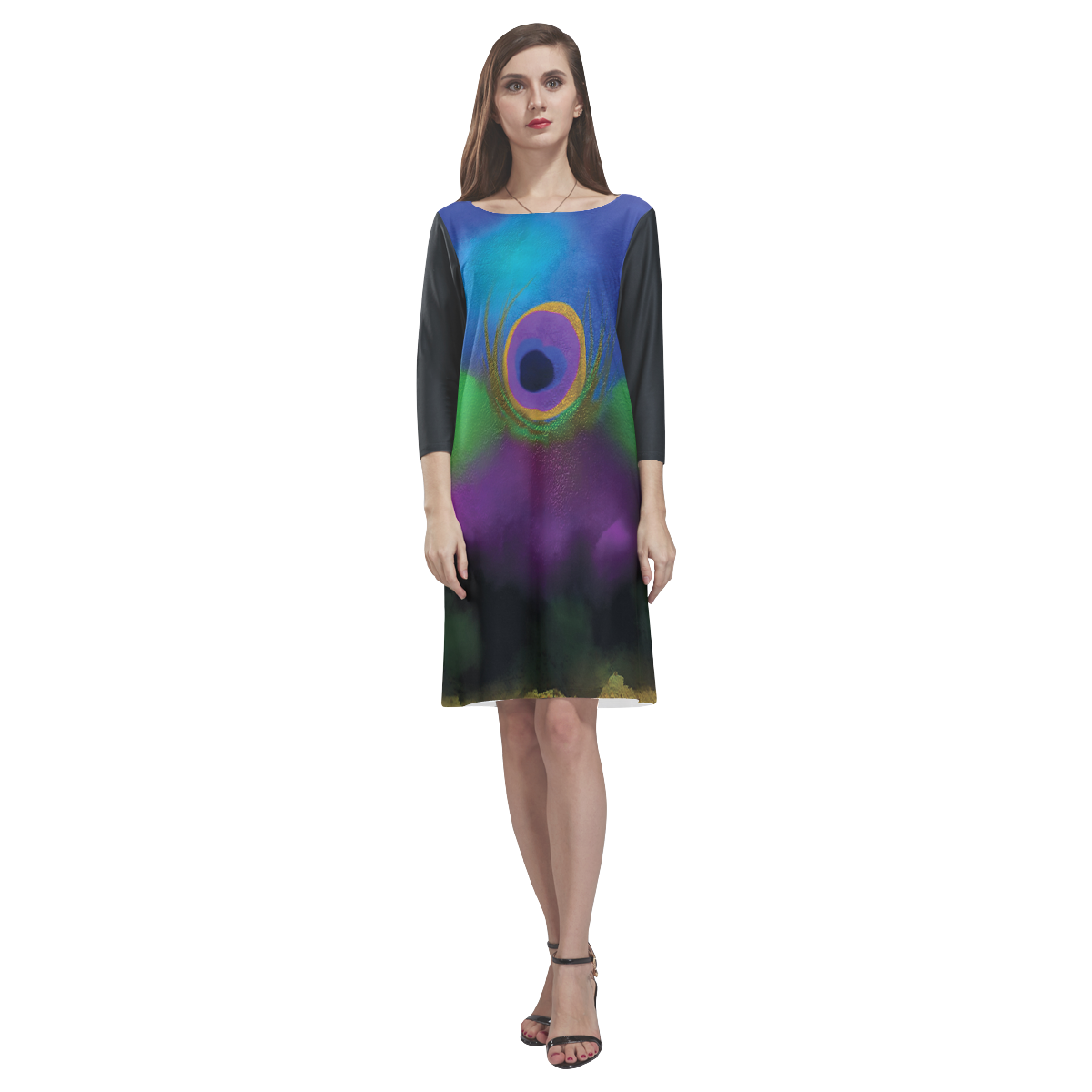 Peacock Digital Abstract 2 Rhea Loose Round Neck Dress(Model D22)