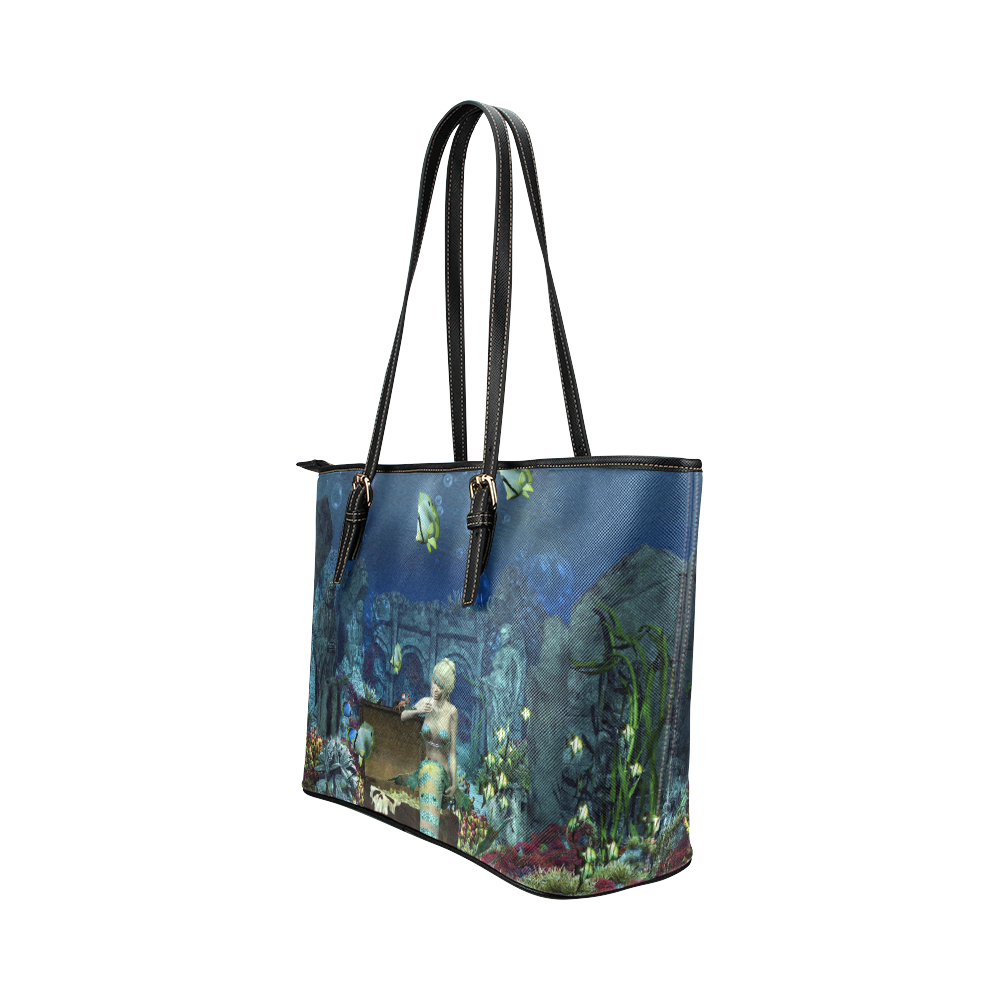 Underwater wold with mermaid Leather Tote Bag/Large (Model 1651)