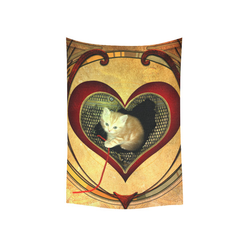 Cute kitten on a heart Cotton Linen Wall Tapestry 40"x 60"
