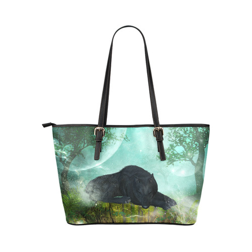 Sleeping wolf in the night Leather Tote Bag/Large (Model 1651)
