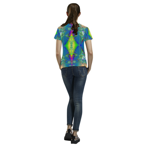 Colorful Neon Webs on the Water Fractal Abstract All Over Print T-Shirt for Women (USA Size) (Model T40)