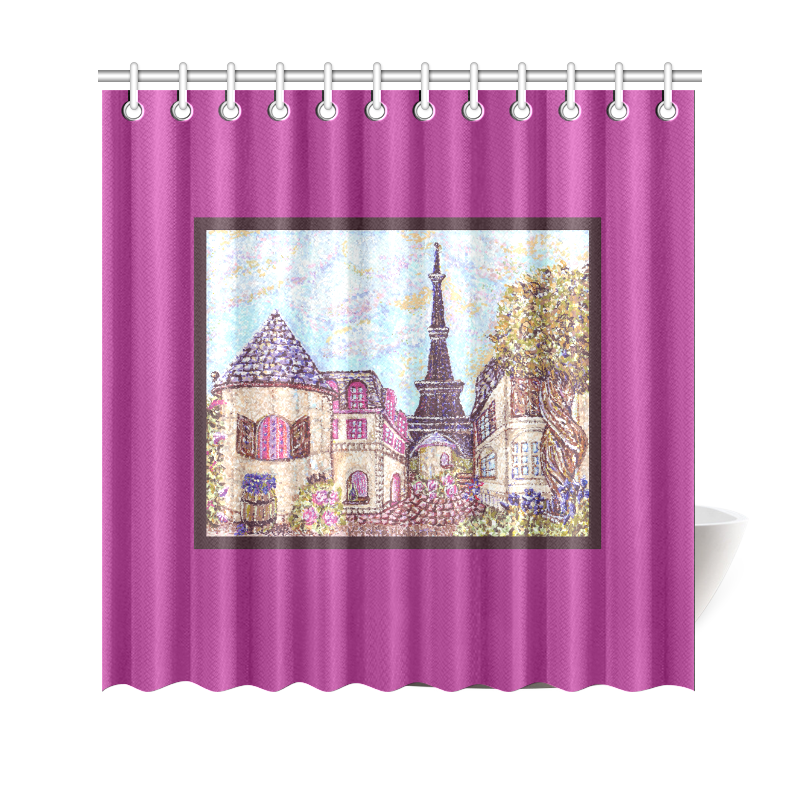 Paris Eiffel Tower inspired pointillism landscape framed orchid border shower curtain Shower Curtain 69"x70"