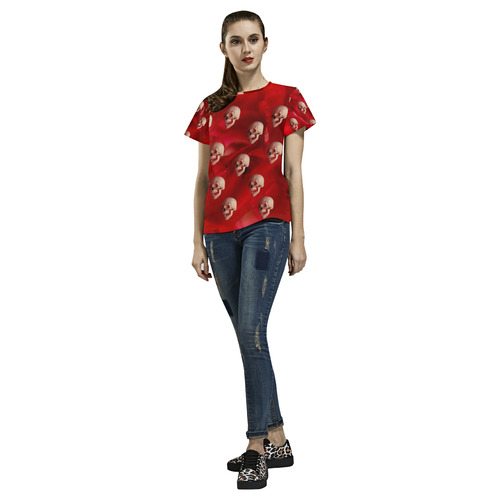 Funny Skull and Red Rose All Over Print T-Shirt for Women (USA Size) (Model T40)