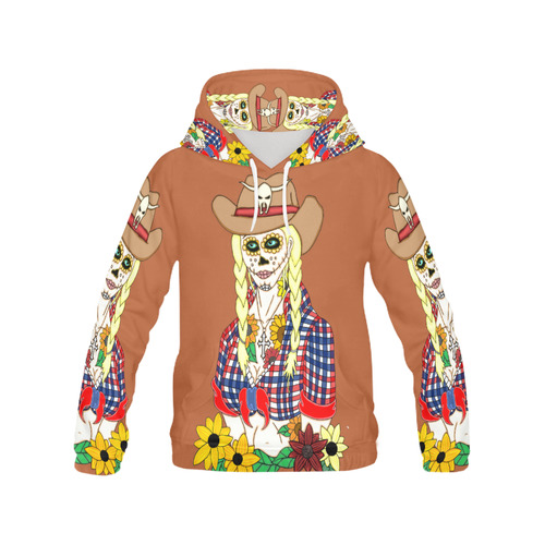 Cowgirl Sugar Skull Rust All Over Print Hoodie for Women (USA Size) (Model H13)