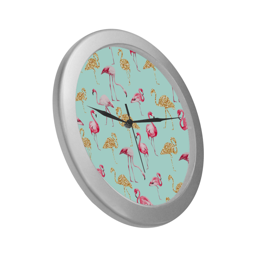 Flamingo (blue) Silver Color Wall Clock