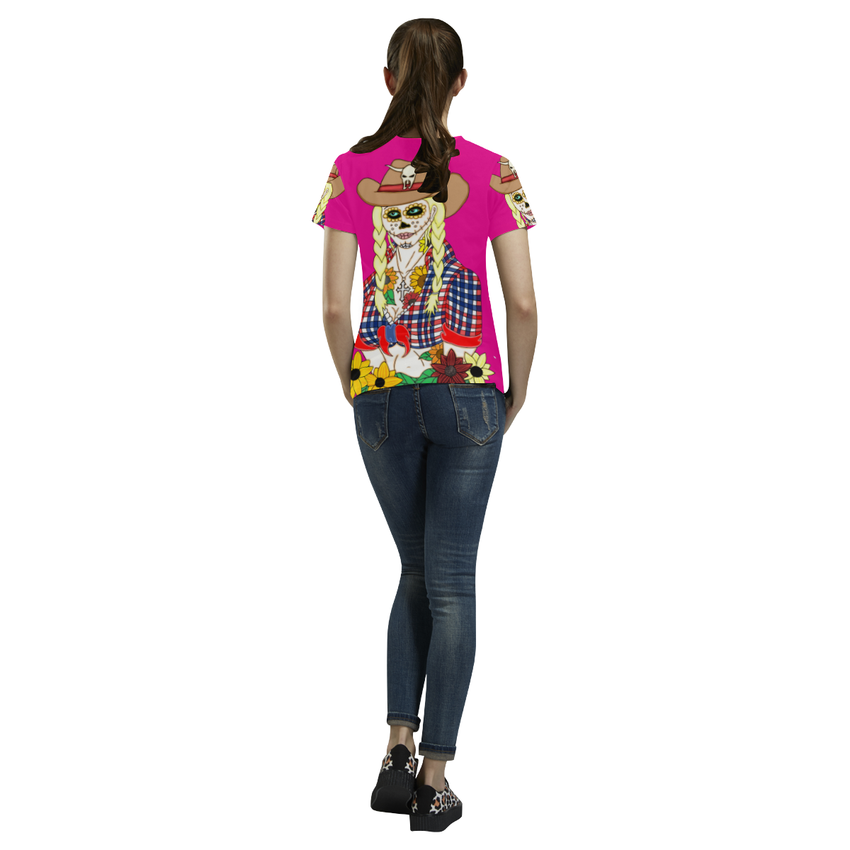 Cowgirl Sugar Skull Pink All Over Print T-Shirt for Women (USA Size) (Model T40)