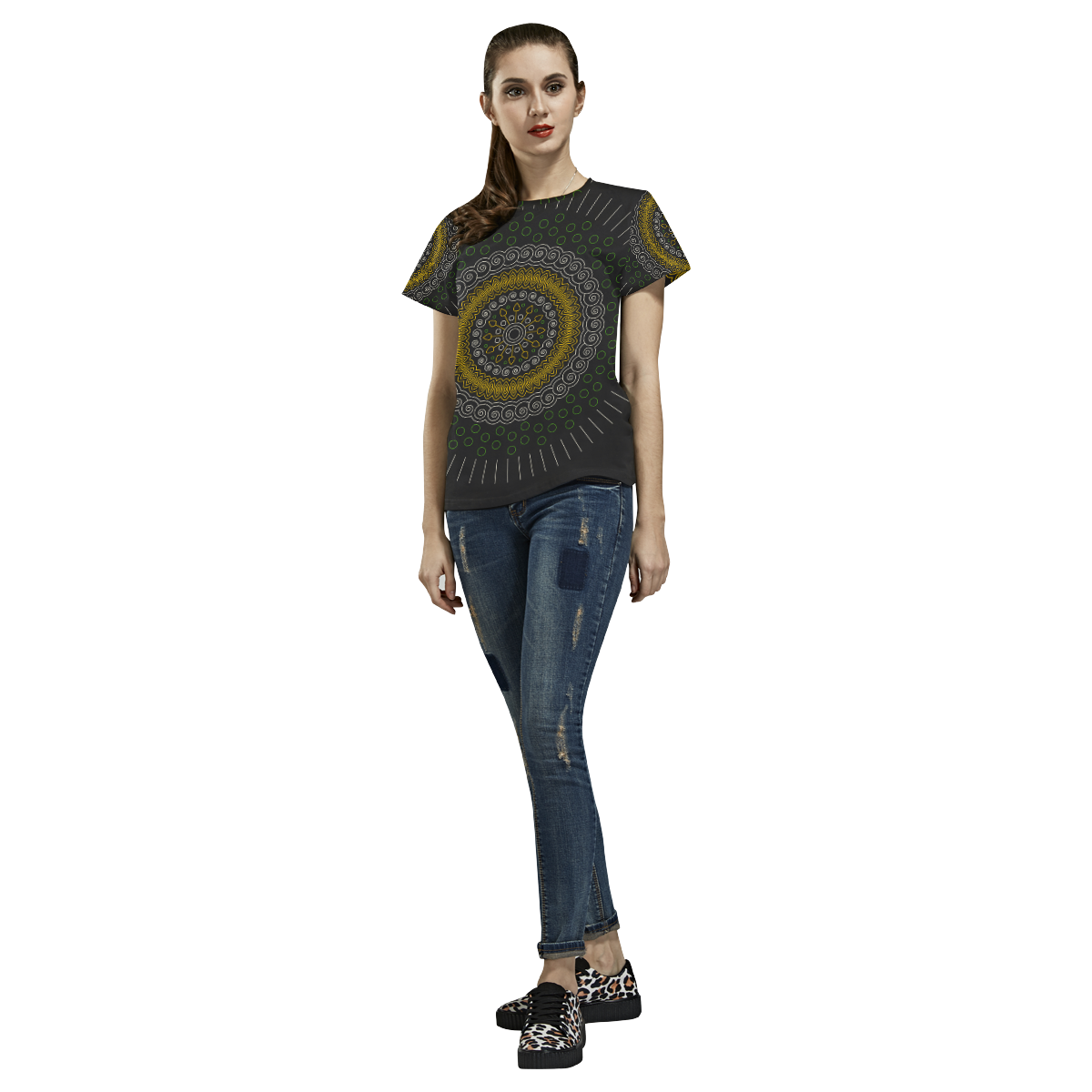 green with yellow mandala circular All Over Print T-Shirt for Women (USA Size) (Model T40)