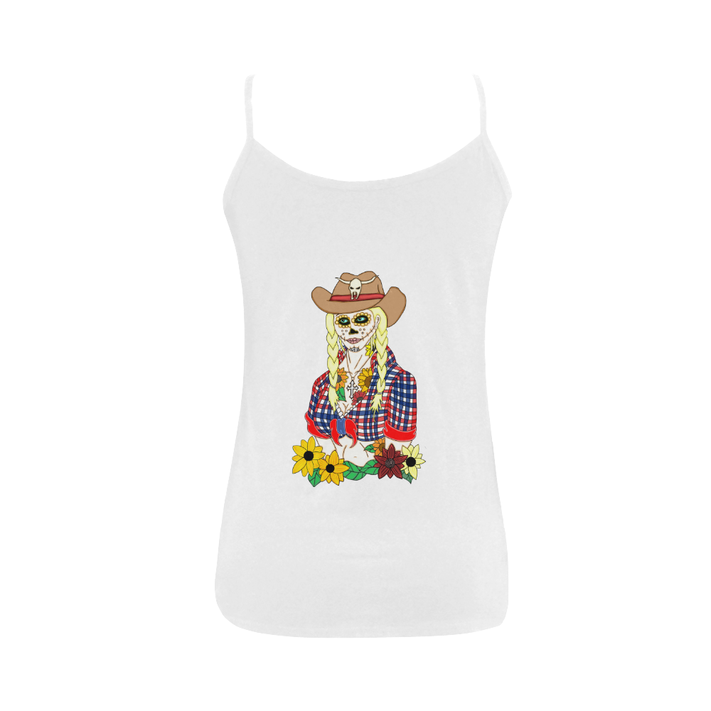 Cowgirl Sugar Skull White Women's Spaghetti Top (USA Size) (Model T34)