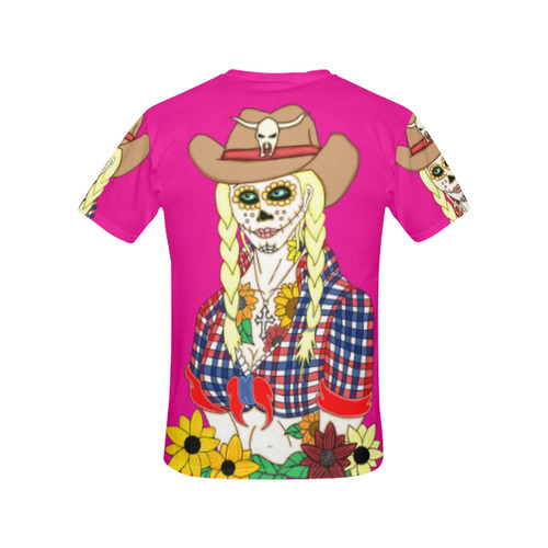 Cowgirl Sugar Skull Pink All Over Print T-Shirt for Women (USA Size) (Model T40)
