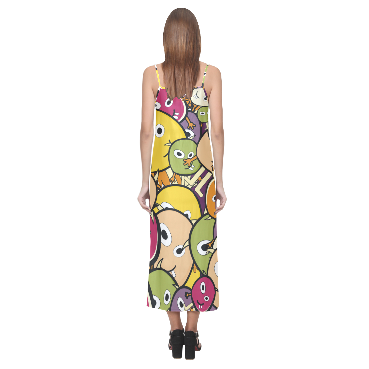 monster colorful doodle V-Neck Open Fork Long Dress(Model D18)