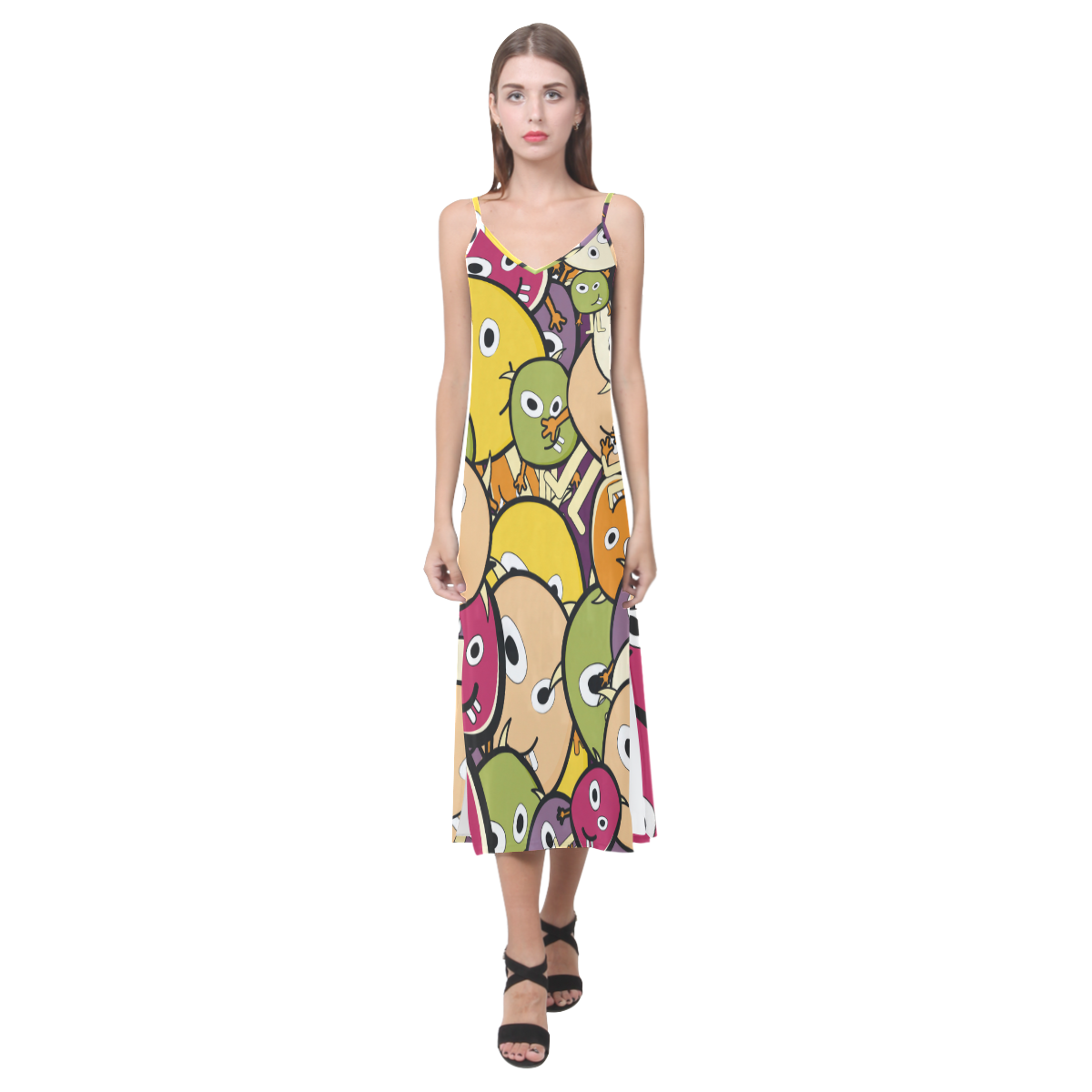 monster colorful doodle V-Neck Open Fork Long Dress(Model D18)