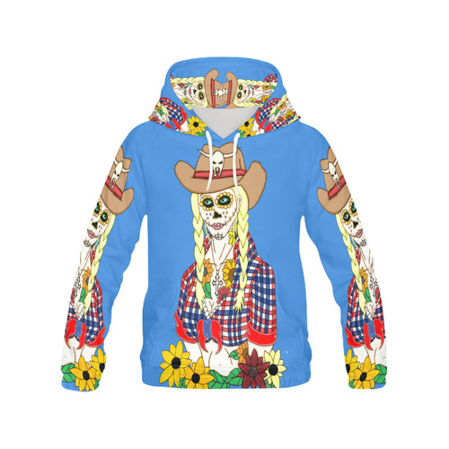 Cowgirl Sugar Skull Blue All Over Print Hoodie for Women (USA Size) (Model H13)