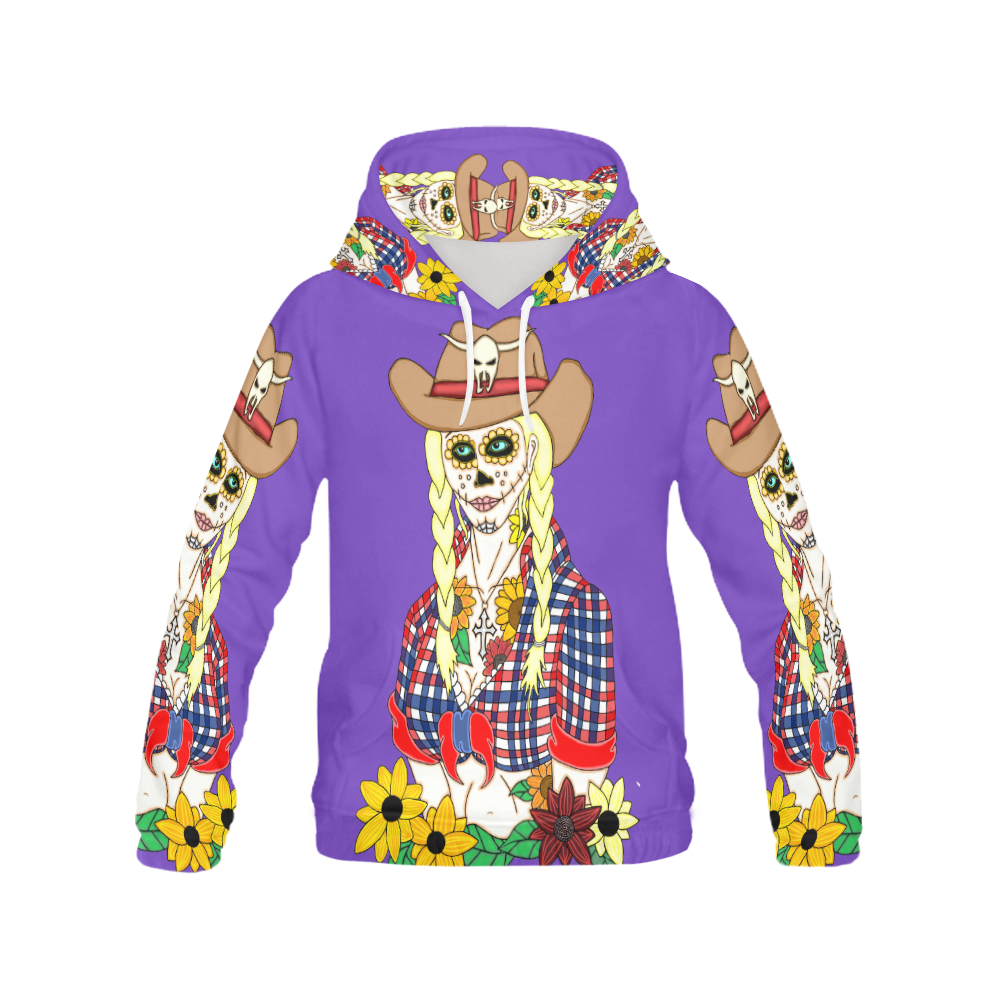 Cowgirl Sugar Skull Purple All Over Print Hoodie for Women (USA Size) (Model H13)