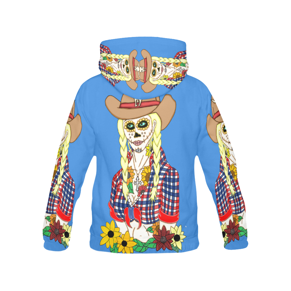 Cowgirl Sugar Skull Blue All Over Print Hoodie for Women (USA Size) (Model H13)