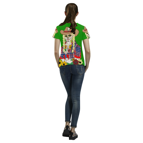Cowgirl Sugar Skull Green All Over Print T-Shirt for Women (USA Size) (Model T40)