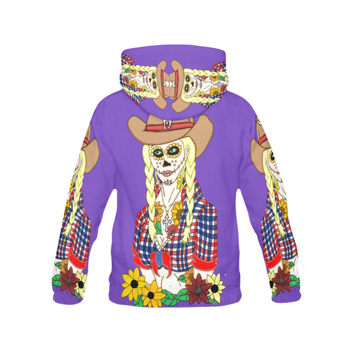 Cowgirl Sugar Skull Purple All Over Print Hoodie for Women (USA Size) (Model H13)