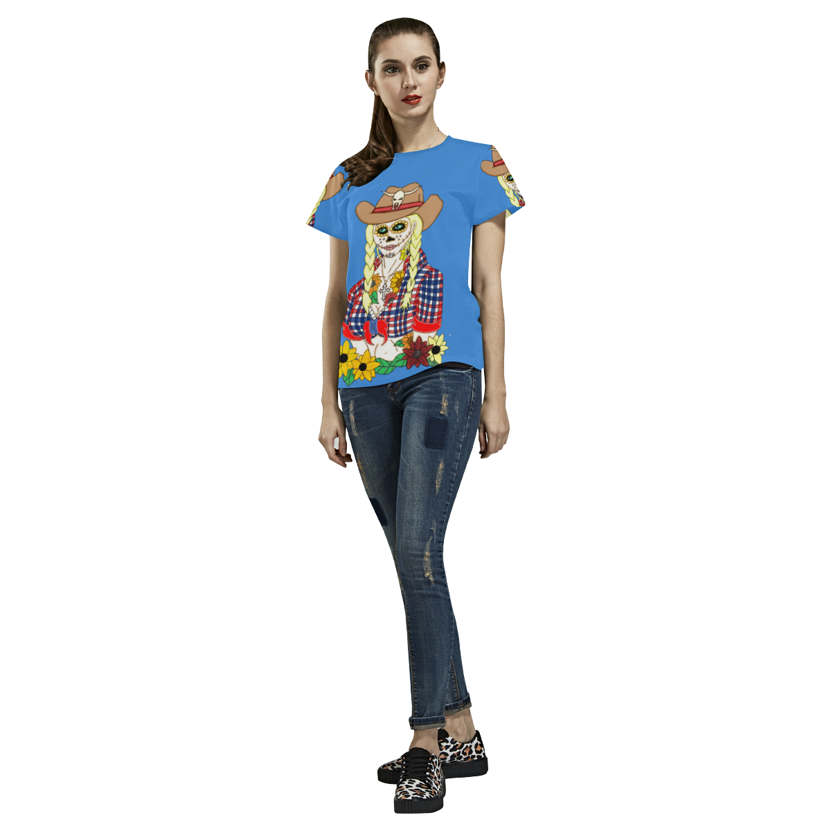 Cowgirl Sugar Skull Blue All Over Print T-Shirt for Women (USA Size) (Model T40)