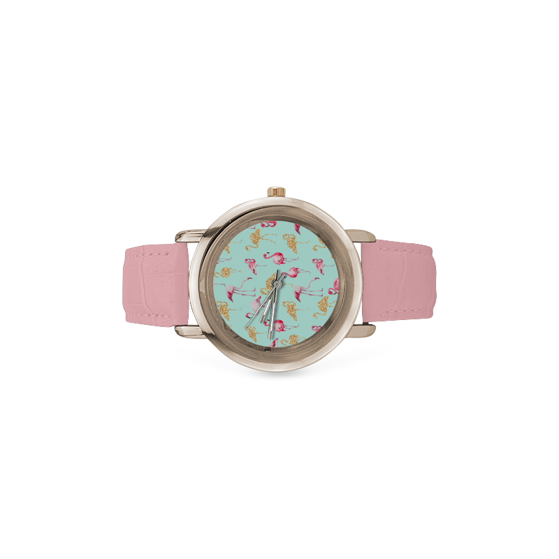 Flamingo (blue) Women's Rose Gold Leather Strap Watch(Model 201)
