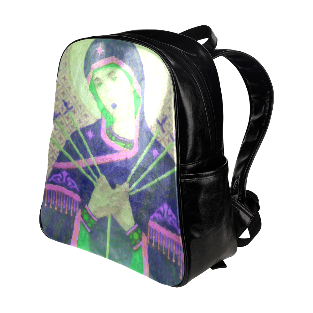 Virgin Mary Green Madonna Swords Christian Multi-Pockets Backpack (Model 1636)