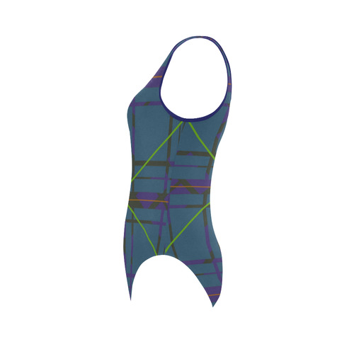 Neon plaid 80's style design Vest One Piece Swimsuit (Model S04)