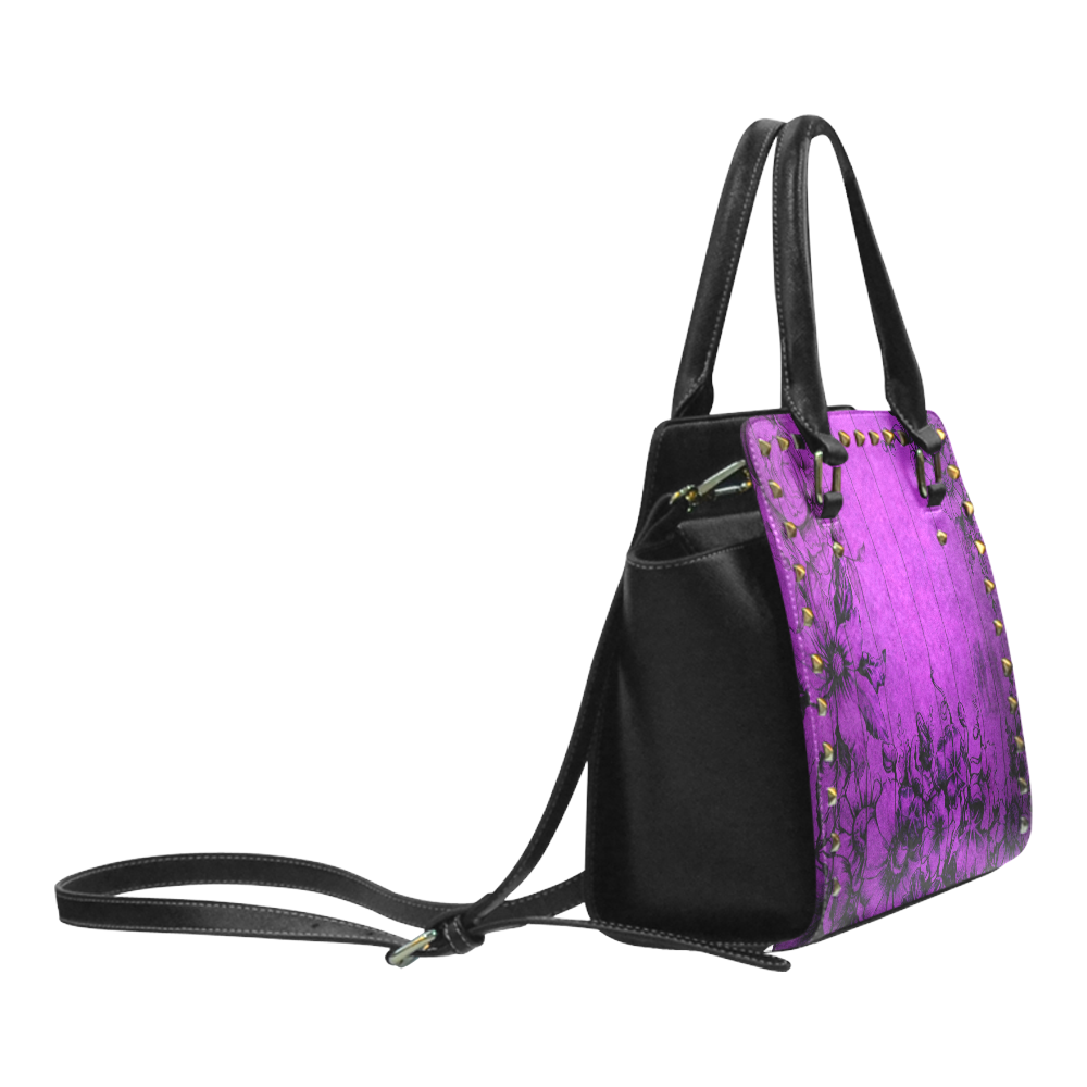 Purple Wall Flowers Rivet Shoulder Handbag (Model 1645)