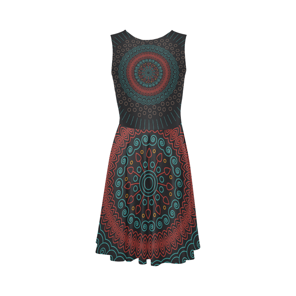 red with green mandala circular Sleeveless Ice Skater Dress (D19)